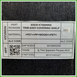 Cappelliera Copribaule Posteriore HYUNDAI i10 2020 85930K7000NNB 2020