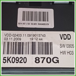 Quadro strumenti contachilometri tachimetro VDO A2C53345492 VOLKSWAGEN GOLF 5K/AJ 2.0 TDI 5K0920870G