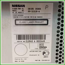 Autoradio NISSAN JUKE F15E 1.5 dCi 281851KA0A 2010 2018 CLARION PP-3151R-A