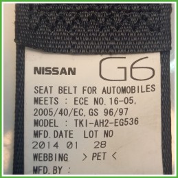 Cintura di Sicurezza Anteriore Destro DX (Lato Passeggero) NISSAN MICRA K13K 1.2 12V 868841HB1B 2010 2015 TAKATA TKI-AH2-EG536